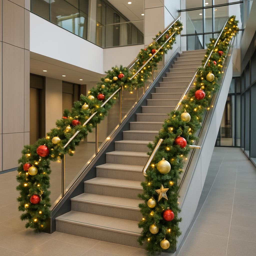 Christmas decorations stair railings.