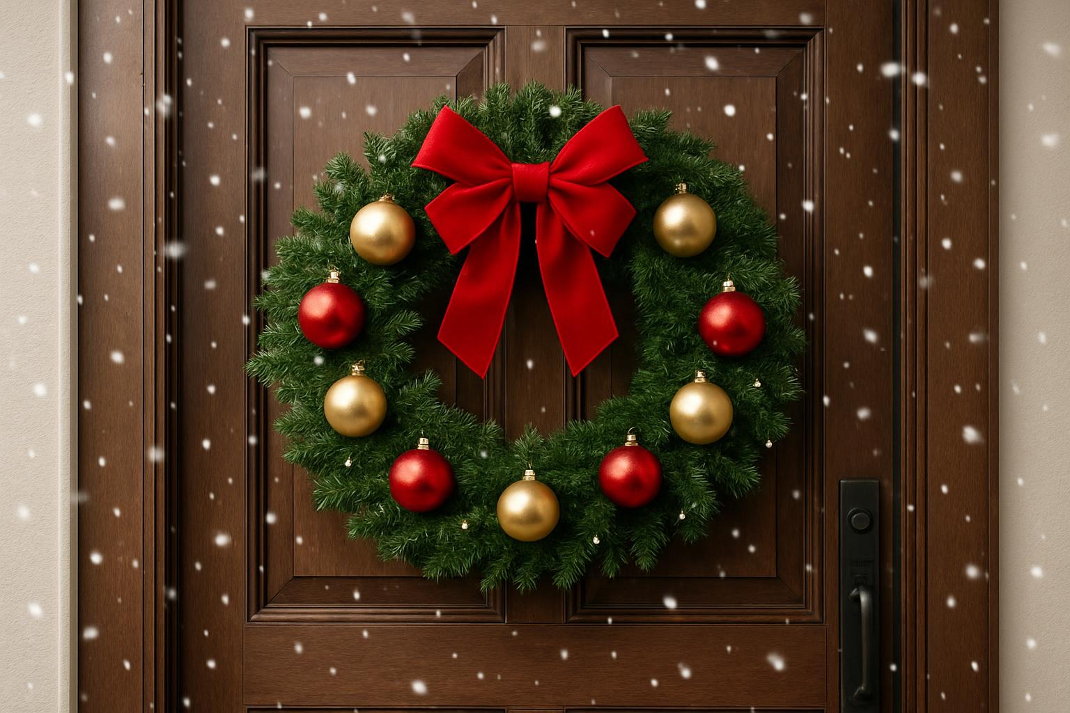 A close-up of a Christmas wreath displayed on the front of dark-brown wooden door, surrounded by faux snow for aesthetic effect.