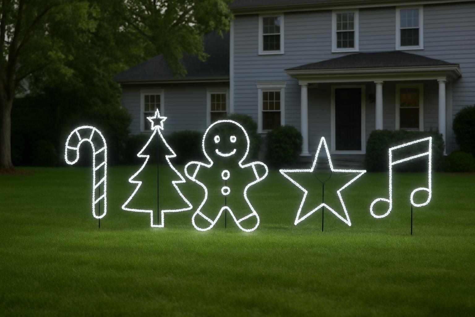 The glamorous, cohesive and festive light installation in the foreground contains white lights forming the shape of a cand...